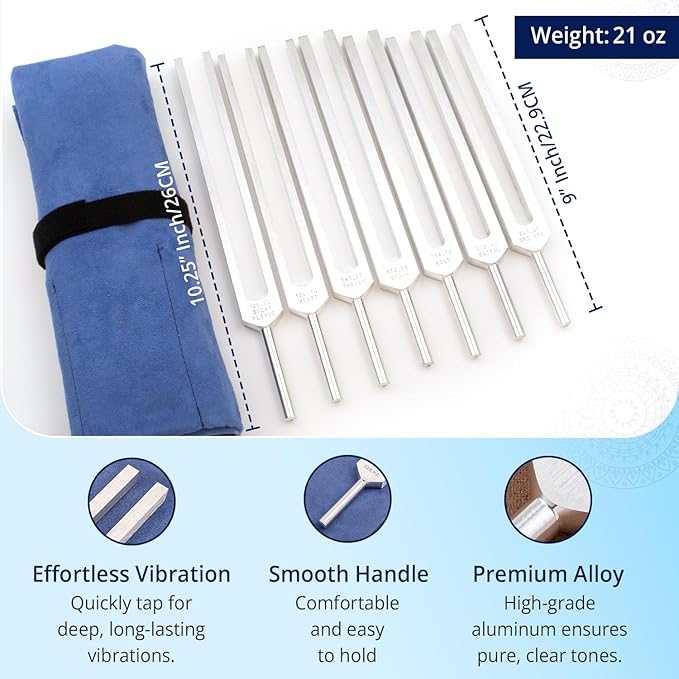 Chakra Tuning Forks Set for Healing – 7 Chakra Frequencies 126.22Hz to 221.23Hz | Precision-Machined Aluminum Alloy | Made in USA |Chakra Healing, Sound Therapy, Reiki, Yoga, Energy Balancing Tools.
