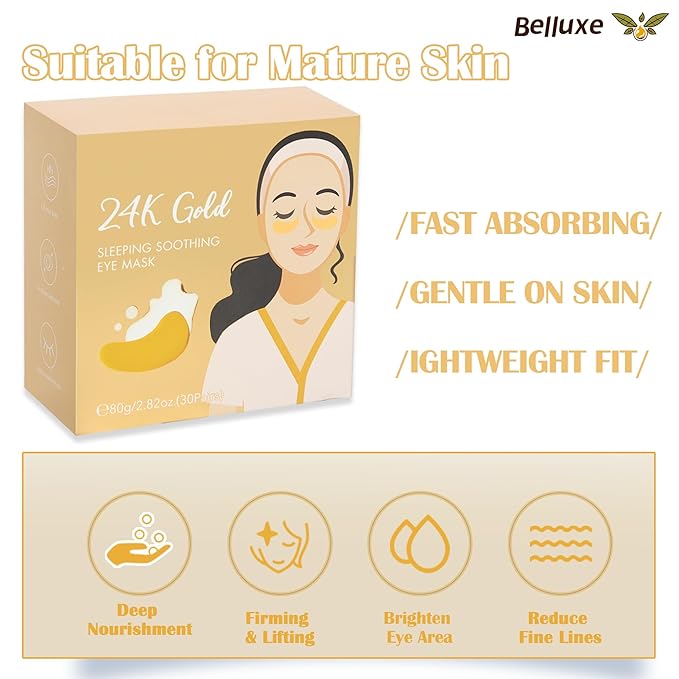24K Gold Eye Mask – Firming Eye Gel Patches for Wrinkles & Dark Circles, Brightening Under Eye Care