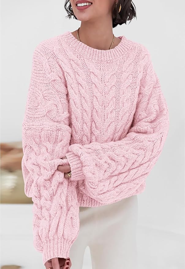 PRETTYGARDEN Womens Sweaters Spring 2026 Cable Knit Long Sleeve Crewneck Oversized Sweater Chunky Pullover Loose Outfits