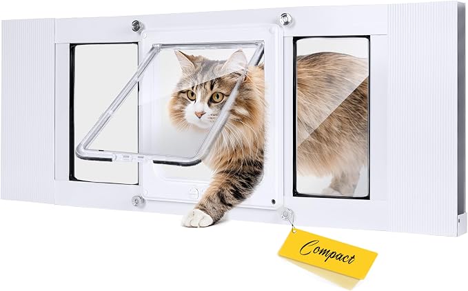 Compact Cat Door for Window, H: 13", Fit 28"-32" Window | Weatherproof Aluminum Frame & HD Glass, Quick 1-Minute Installation, Magnetic Closing Window Cat Door Insert