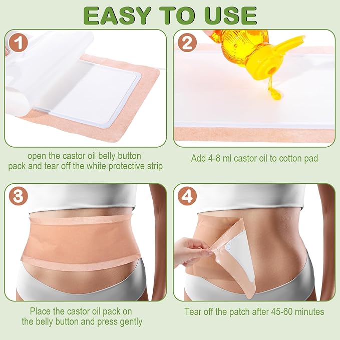 Geiserailie 20 Pcs Large Castor Oil Patches Wrap Kit Disposable Castor Oil Pack Large Self Adhesive Pads for Belly Button Back Neck Waist Stomach Knee Arm, Portable, Anti Massage Oils Leak, No Wash