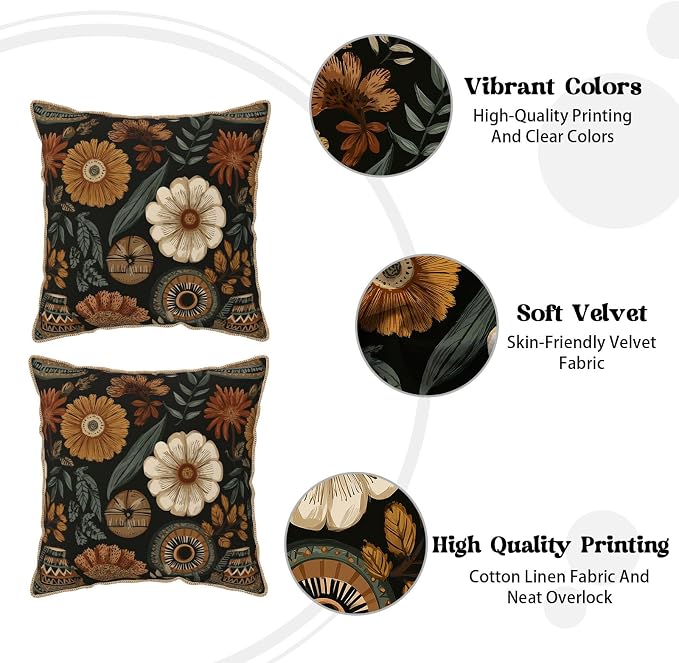 KSLIDS Boho Flower Soft Velvet Throw Pillow Covers Set of 2 Modern Abstract Retro Bohemian Flower Decorative Pillow Covers 16x16 Inch Mid Century Tropical Leaves Pillow Case for Sofa Couch Home Decor