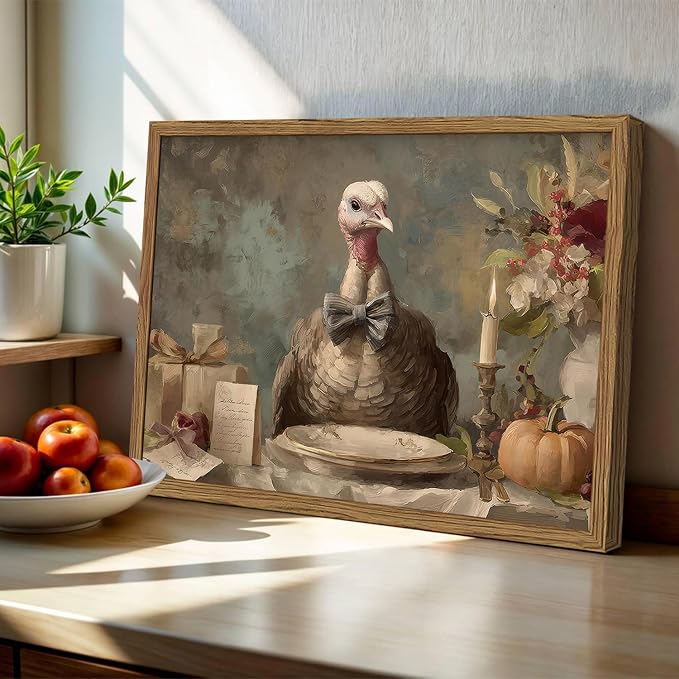 Funny Turkey Wall Art, Whimsical Rustic Bird Wall Decor Painting Cottagecore Animal Canvas Prints Artwork for Living Room Bedroom Bathroom 12x16 inch Wood Framed