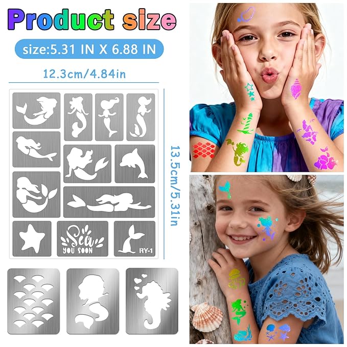 Mermaid Temporary Tattoo Markers for Kids, 8 Metallic Body Markers + 141 Large Face Paint Tattoo Stencils for Girls Boys Teens Adults Women Cosmetic Tattoos Pens DIY Body Art Set Party Favor