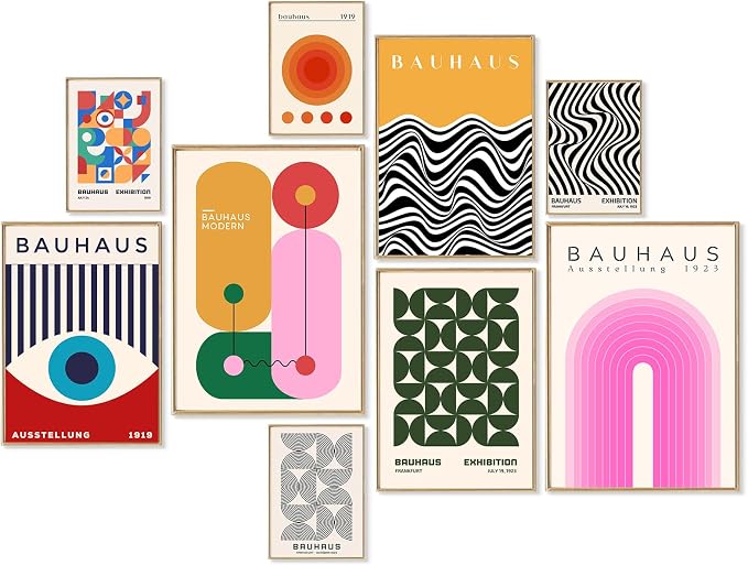 KBKBART 9PCS Eclectic Wall Art Decor, Modern Maximalist Wall Prints for Bedroom, Bauhaus Posters for Room Aesthetic, Retro Abstract Wall Collage Kit for Living Room, Funky Dorm Gallery Home Decor