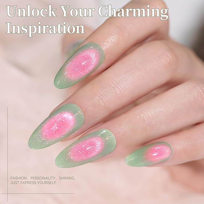 Born Pretty Reflective Glitter Cat Magnetic Eye Gel Nail Polish 15ML,Green Pink Guava Colors Glitter Sparkly Shiny Disco DJ LED Magnetic Gel Polish Sparkly Shiny U V Gels for Home Salon