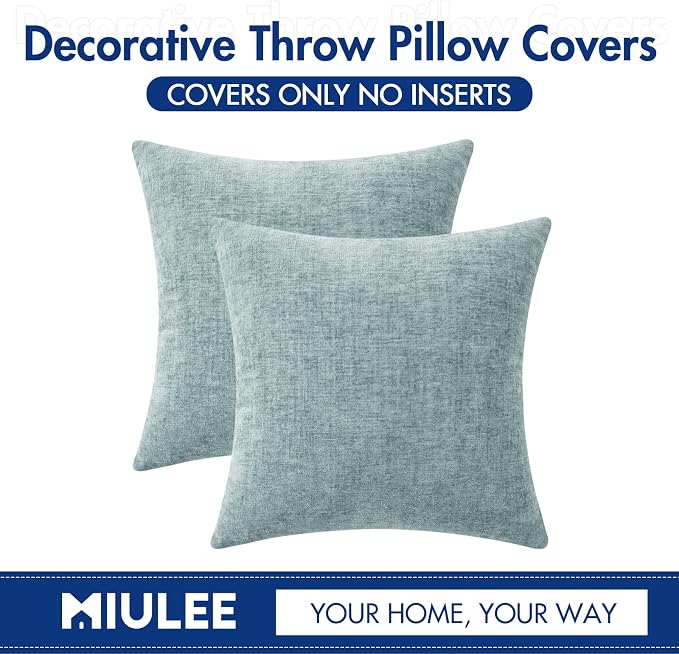 MIULEE Soft Chenille Throw Pillow Covers Light Blue 20x20 Inch Pack of 2 | Modern Home Decor, Classic Decorative Pillows, Solid Dyed Cases, Boho Couch Cushion Covers for Sofa Bed Living Room