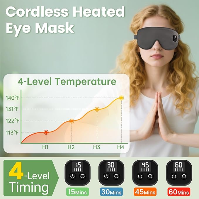 Heated Eye Mask for Dry Eyes, Cordless Warm Eye Compress with 4 Temperature & Timer Levels, Detachable & Washable Eye Heating pad for Blepharitis, Styes, MGD, Travel