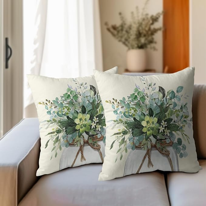 Kawani Eucalyptus Green Leaves Pillow Covers 18x18 Inch Set of 2 Greenery Plants Leaf Mason Jar Pillowcase Cotton Linen Square Cushion Case for Home Sofa Couch Farmhouse Decoration