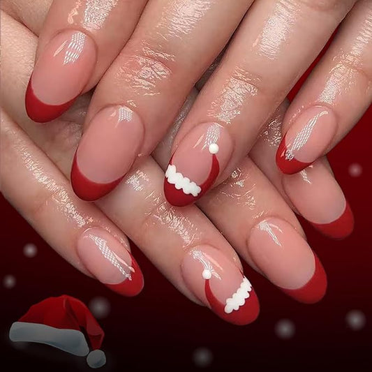 Christmas Press on Nails Red French Tip Fake Nails with Hat Design Short Almond Glue on Nails Glossy Full Cover Artificial Acrylic False Nail Xmas Stick on Nail for Women Manicure 24Pcs