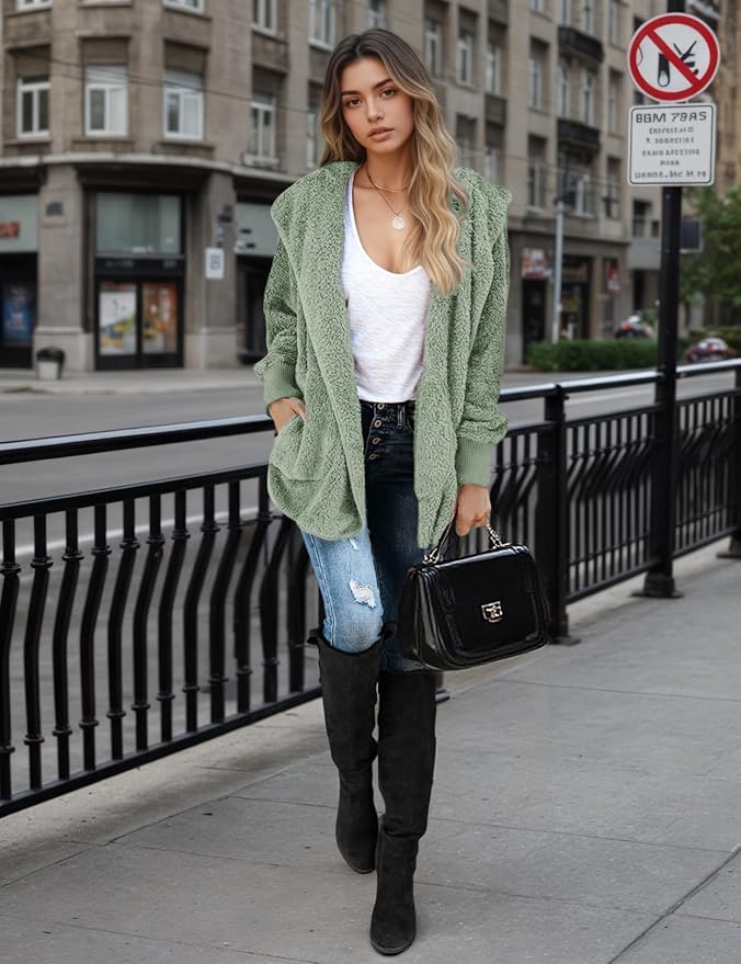 Zilcremo Women Hooded Cardigan Fuzzy Jacket Winter Open Front Fleece Coat Outwear with Pockets