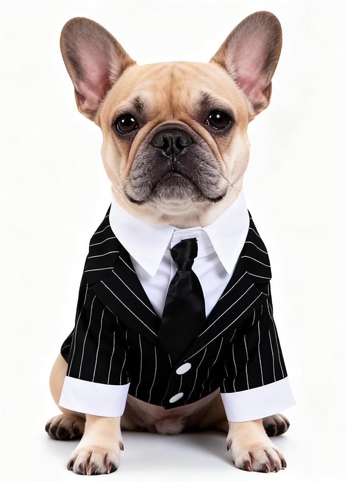 GabeFish Pets Wedding Jackets Suit for Dogs with Bow Tie Puppy Cat Formal Clothes Shirt Tuxedo (Striped, M (Chest 15.3in/39cm)