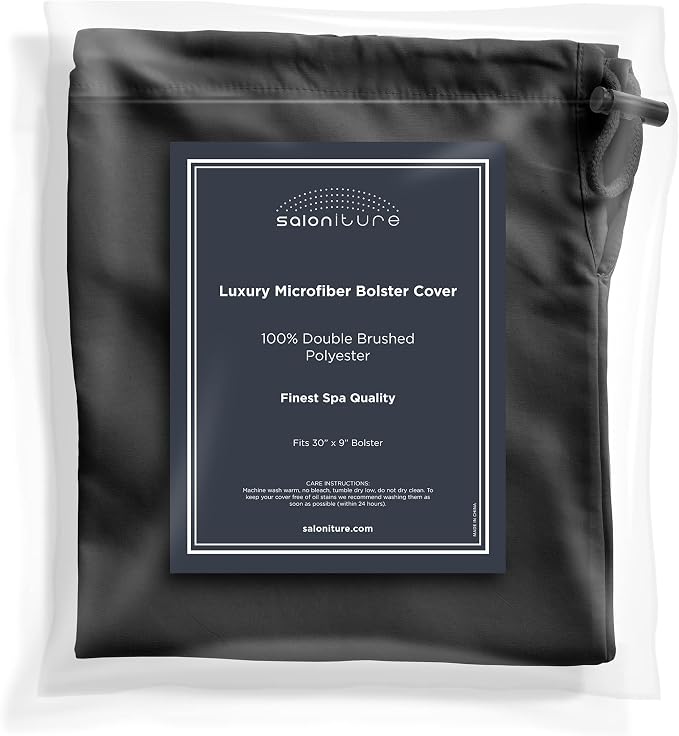 Saloniture Microfiber Cylinder Pillow Case Cover for Massage Table Bolsters - 30 x 9 Inch with Drawstring Closure, Black