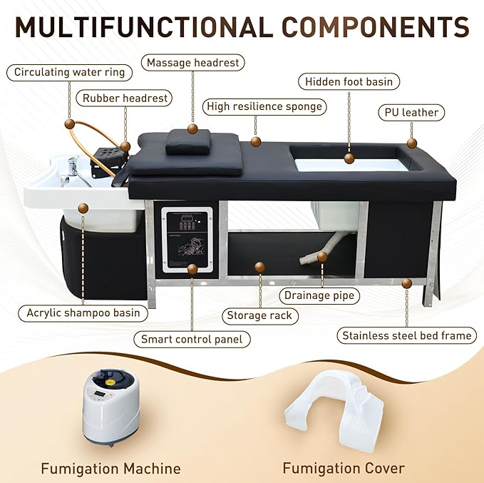 Head Spa Bed, Massage Table with Footbath, Japanese Head/Feet SPA Equipment, Professional Massage Shampoo Bed with Foot Bath Basin, Water Circulation System, for Spa Beauty Salon Barber