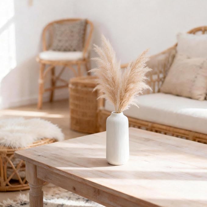 flature Ceramic Vase in Nordic Style, Decovase for Pampas Grass as Boho Deco, Vase White Matt 8 inch for Flowers, Scandinavian Design Home Decoration for Fresh Flowers, Dried Flowers (Size M)