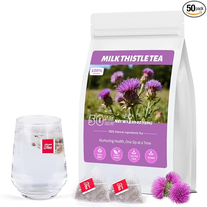 Milk Thistle Tea (50 Bags) - 100% Natural Liver Support Milk Thistle Seed | Non-GMO, Gluten-Free, Vegan | Resealable Freshness Packaging