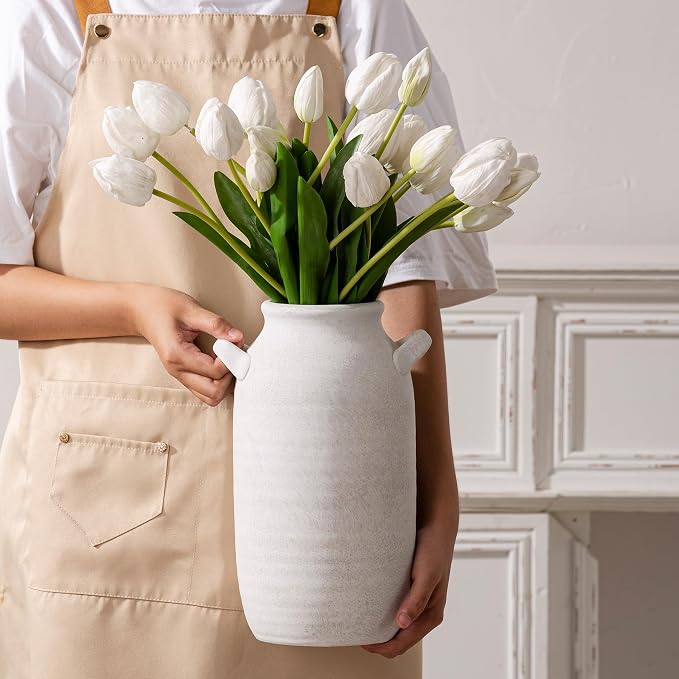 Large Flower Vase Home Decor - Tall Ceramic Farmhouse Table Vases with Handle Living Room Decoration Decorative Rustic Pottery for Floor Kitchen Shelf Coffee Dining Desk Fireplace (12" Rustic)