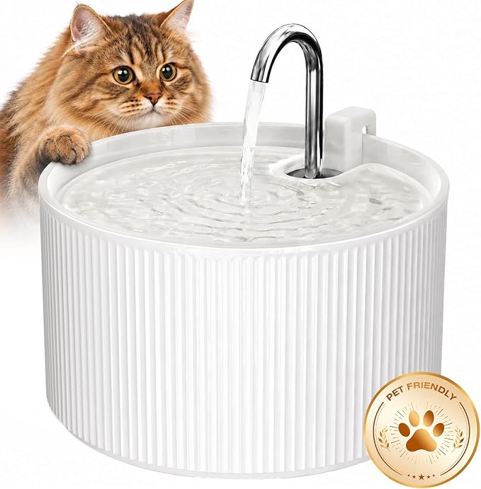 Voluas 2.2L Ceramic Cat Water Fountain with 1 Filter Automatic Pet Fountain | 74oz capacity, ceramic bowl, 4-layer filtration, ultra-quiet pump, faucet and bubbling modes, easy to clean, dishwasher-safe