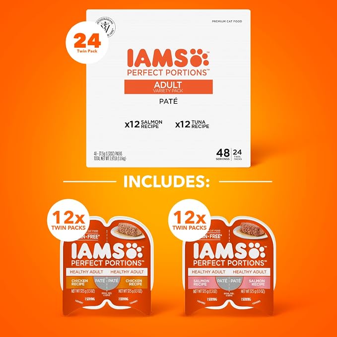 IAMS Perfect Portions Pate Wet Cat Food, Chicken & Salmon, 24 Count | Grain-free, Omega 6 & 3 Fatty Acids for skin & coat, prebiotics & beet pulp, snap-peel-serve 2.6 oz. twin-pack trays