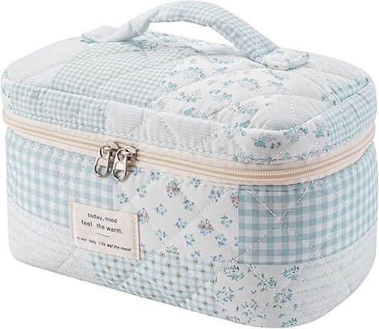 uekeboag Large Travel Quilted Makeup Bag for Women, Floral Cotton Cosmetic Bag, Coquette Aesthetic Floral Toiletry Organizer Bag