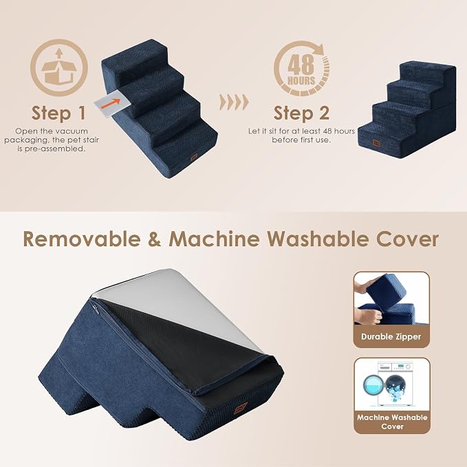 EHEYCIGA Dog Stairs for Bed 18" H, 4-Step Dog Steps for High Bed, Navy | Pet Steps for Small Dogs and Cats, Non-Slip Balanced Pet Ramp Indoor