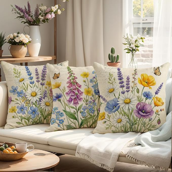 wyooxoo Throw Pillow Covers 20x20 Set of 4 Spring Pillow Covers Linen Flower Farmhouse Cushion Case for Sofa Couch Living Room Outdoor Home Decor