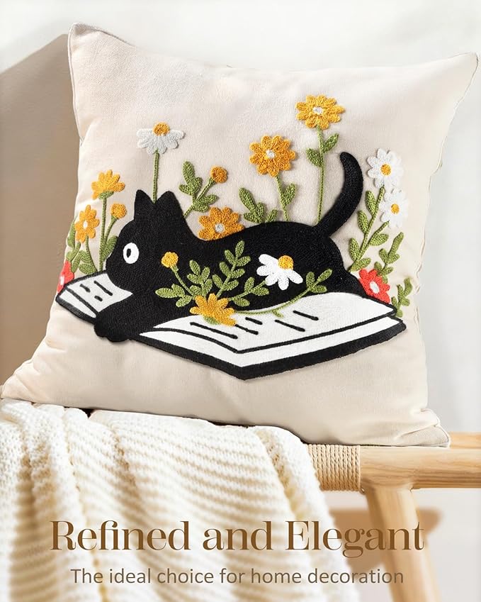 Animal Embroidered Throw Pillow Cover 20x20 Inch, Cat Floral | Decorative Pillow Cover, Farmhouse Cushion Cases with Hidden Zipper, Cottagecore Decor for Couch, Sofa, Living Room