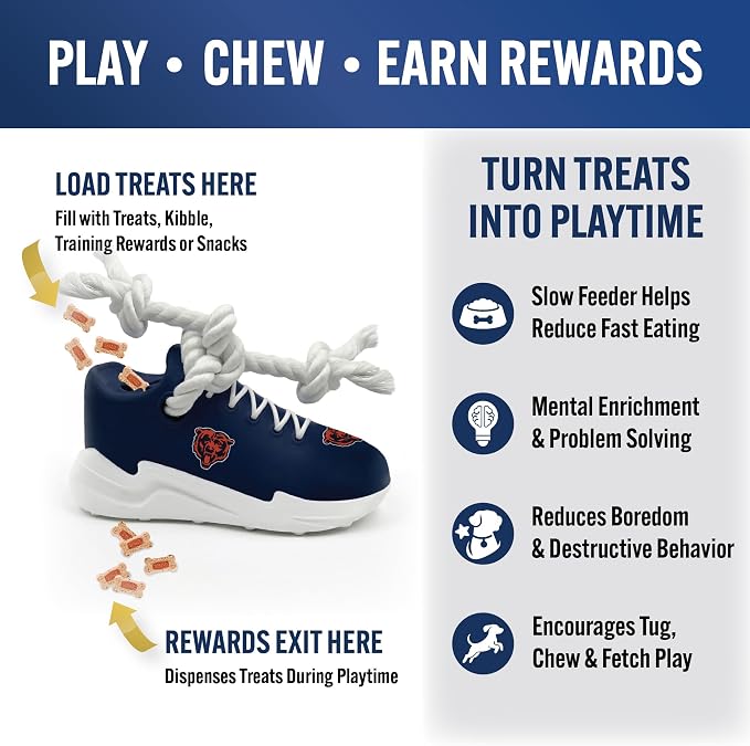 Pets First NFL Chicago Bears Cleat Sneaker Spike Dog Toy, Football Treat Dispenser Chew Toy for Dogs, Interactive Rope Tug Toy, Slow Feeder Natural Rubber Dog Toy with Official Team Logo