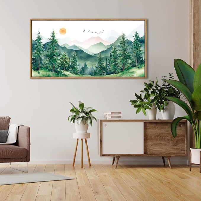 ANHUIB Watercolor Forest Wal Art 20x40 Inch Framed Green Mountain Range Canvas Wall Decor Pine Tree Painting Nature Landscape Wall Art Set of 3 for Living Room Bedroom Office