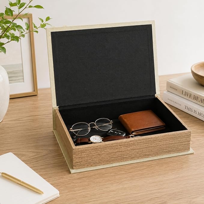 Decorative Book Boxes Set of 3,Modern Faux Linen Hidden Storage, Warm Taupe | For Coffee Table – Stackable Fake Books for Shelf Decor, Remote Control & Jewelry Organizer