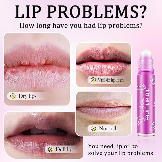 4Packs Fruit Lip Oil Roll-On, Jojoba Oil Infused Moisturizing Lip Gloss for Dry Lips, Nourishing & Non-Sticky Lip Care with Strawberry, Grape, Peach, Cherry Scents