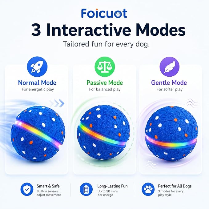 Interactive Dog Ball Toy, 3 Modes, LED, Sound & Vibration, USB-C