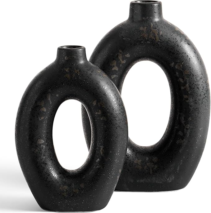 LE TAUCI Ceramic Vases Set of 2, Black Hollow Donut Flower Vases, Modern Decorative Centerpiece for Home Decor, Coffee Table, Shelf, Mantel, Black Bronze Speckle (H10.5”xW8.5”)