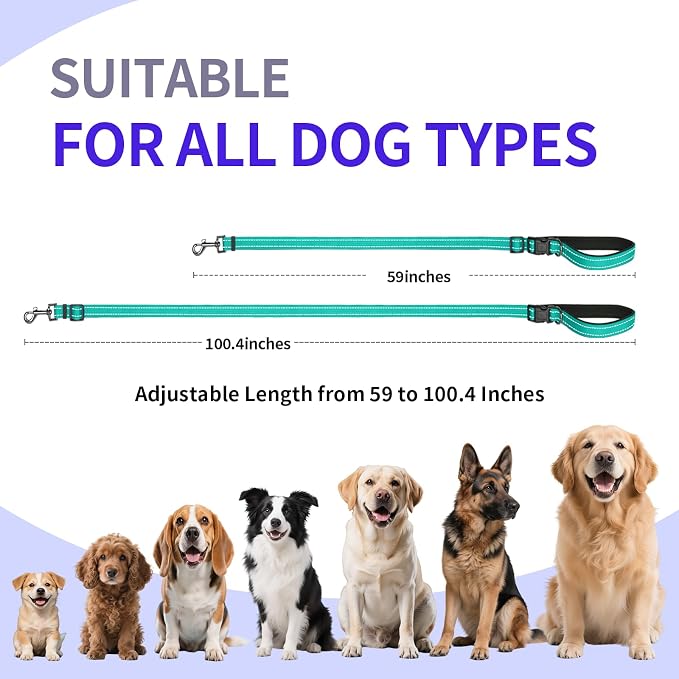 Kazazoo Hands-Free Dog Leash Adjustable Length 5-8 Ft,Crossbody & Waist for Dog Walking, Running for Small Dogs with Reflective Strips, Ballistic Nylon, Waist Belt, Lightweight Green