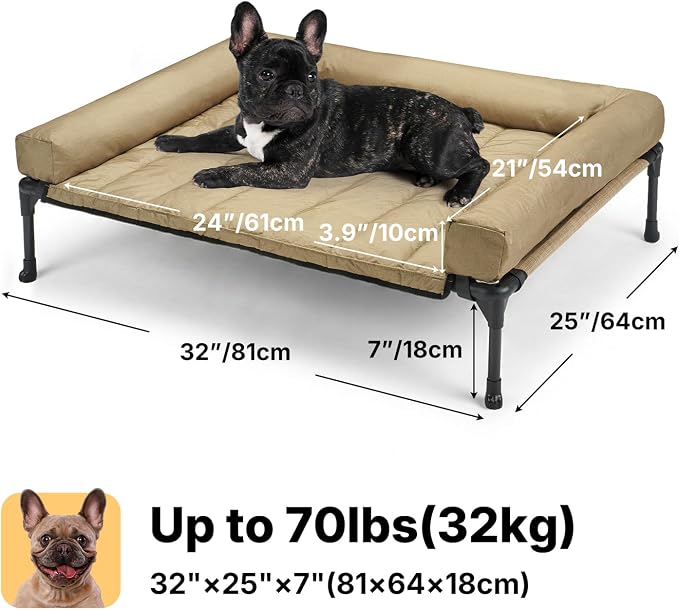 Veehoo Outdoor Elevated Dog Bed with Waterproof Bolster Cushion, Cooling | Raised Dog Bed with Removable & Washable Mat Topper, Breathable Mesh, Dog Couch Cot for Indoor Outdoor, 32", Medium, Beige