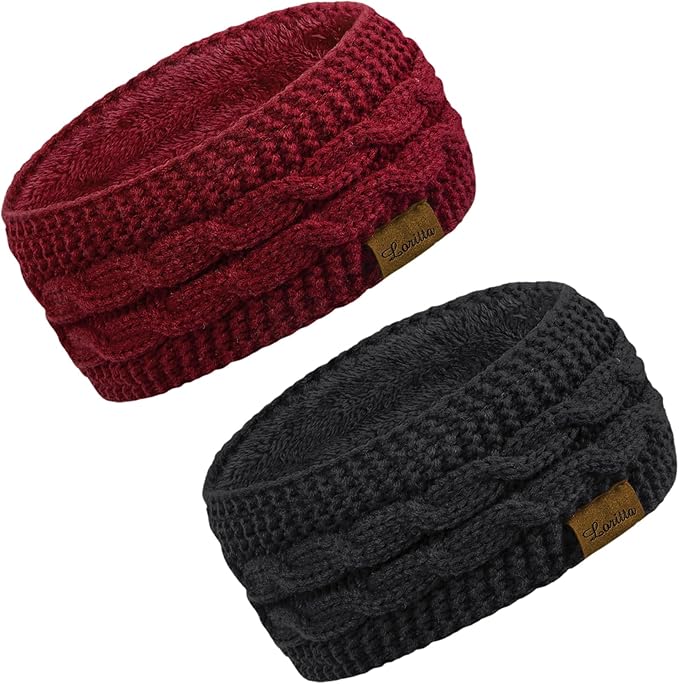 Loritta 2 Pack Headbands for Women Winter Warm Cable Knit Ear Warmer Thick Head Wrap Fuzzy Fleece Lined Gifts