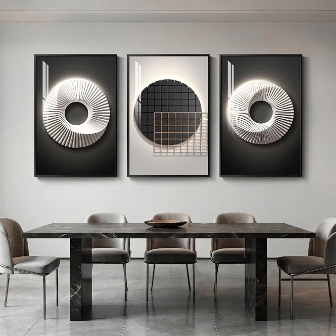 Framed Large Modern Black and White Wall Art for Living Room, 3 Piece Abstract Bright Style Picture Artwork Decor, Minimalist Geometric Painting Prints for Dining Room Hallway Office 24x36 Inch