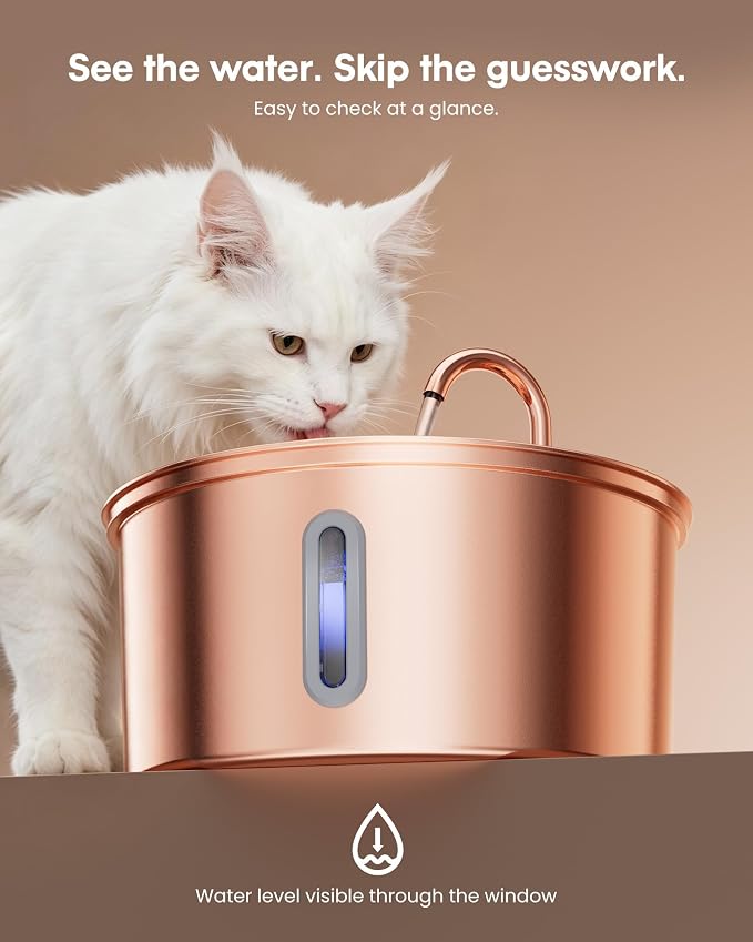 Tomxcute Stainless Steel Cat Water Fountain with Copper Plated,108oz | For Cats and Dogs,Visible Window,Copper-plated 304,Ultra Quiet Pump,Soft LED Night Light