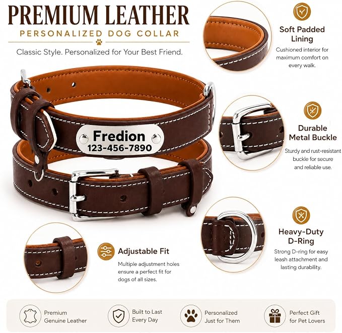 Personalized Leather Dog Collar with AirTag Holder Case, Custom Engraved Nameplate Dog Collar, Adjustable Genuine Leather Soft Padded Dog ID Collar for Medium Large X-Large Dogs-Brown Padded-XL