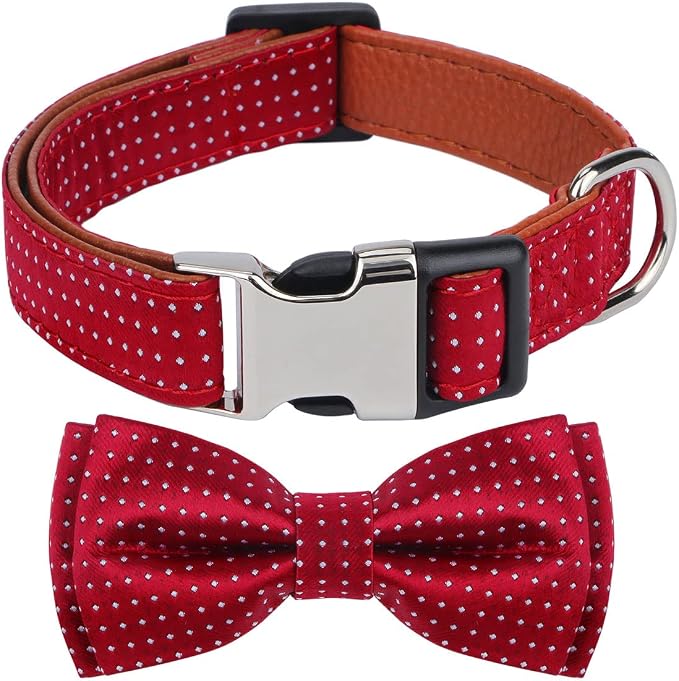 Dog Collar with Bow Tie for Girl or Boy Gift Soft Durable Bowtie Red Dot Small