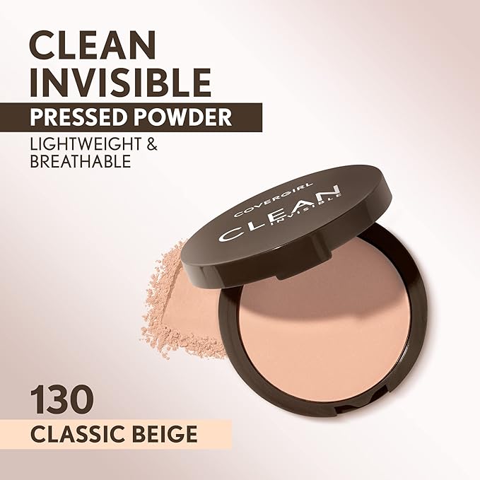 Covergirl Clean Invisible Pressed Powder,Lightweight,Breathable,Vegan Formula,130 - Classic Beige,0.38oz,(Pack of 2)