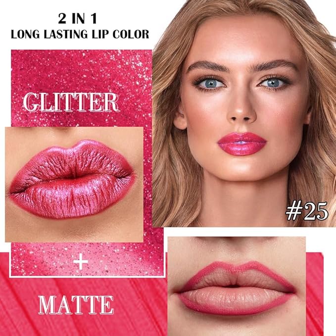 evpct Rose Red Metallic Glitter Lip Liner and Lipstick Combo Lip Gloss Stain Set Makeup for Women Long Lasting Waterproof 24, Rose Red Metallic Shimmer Frosted Iridescent Glossy Liquid Lipstick 25