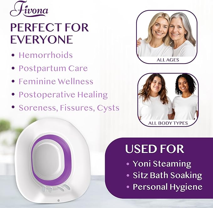 Fivona Sitz Bath for Toilet Seat Postpartum and Hemorrhoids Care - Yoni Steam Seat - Foldable Basin for Epsom Salt Soak - Portable Bidet BPA Free Temperature Resistant - Universal Fit - Purple