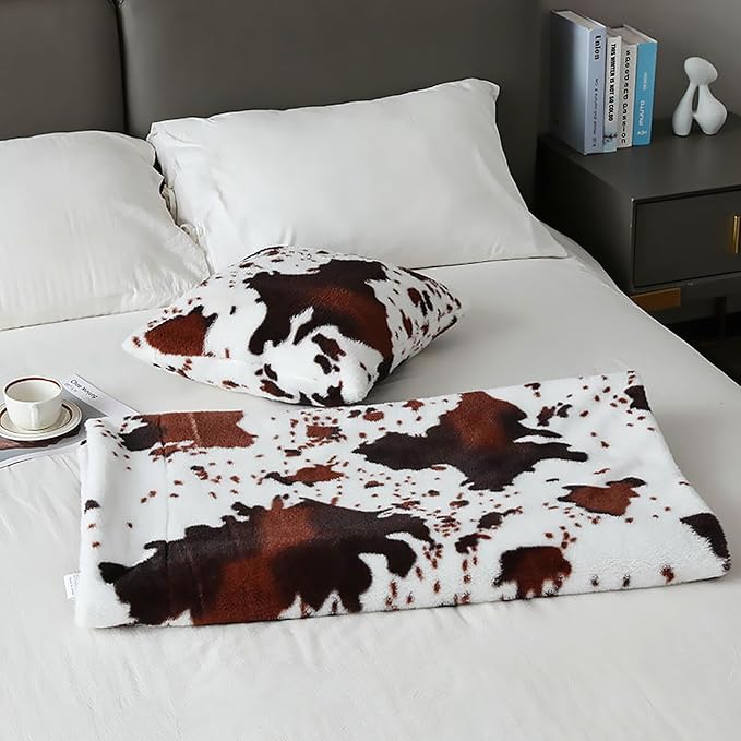 Brown Cow Faux Fur Throw Blanket 50''x60'', 480 GSM Double Sided Outdoor Lap Throw, Soft Cozy Warm Blanket for Bed Couch Sofa Office, Camping Shaggy Plush Furry Travel Blankets for Women, Men