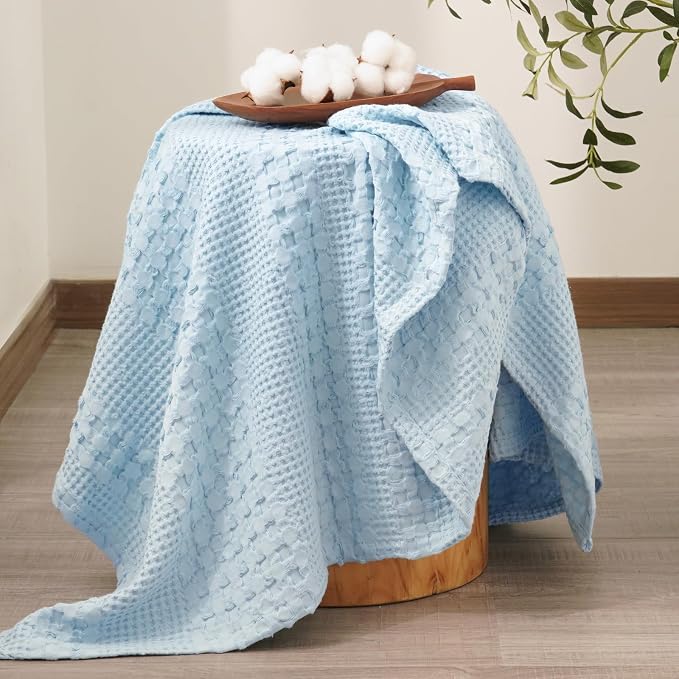 PHF 100% Cotton Waffle Weave Throw Blanket, Lightweight Breathable Summer Blanket for Couch Sofa, Pre-Washed Soft Throws for Bed, Office, Travel & Stylish Home Decor, 50"x60", Baby Blue