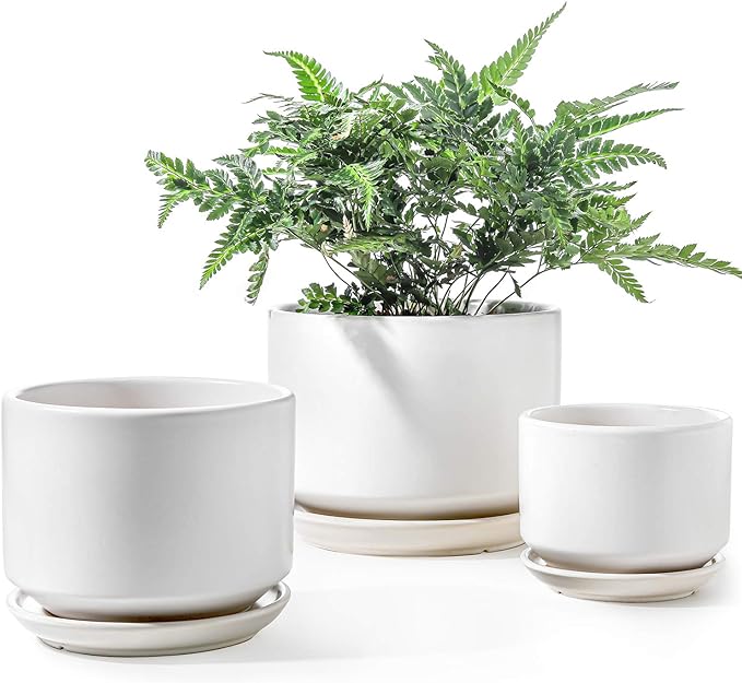 LE TAUCI Ceramic Pots for Plants, 4.3+5.3+6.8 Inch Plant Pots, Indoor Planters with Drainage Hole and Saucer for Succulents, Herbs and Flowers, Set of 3, Satin, White