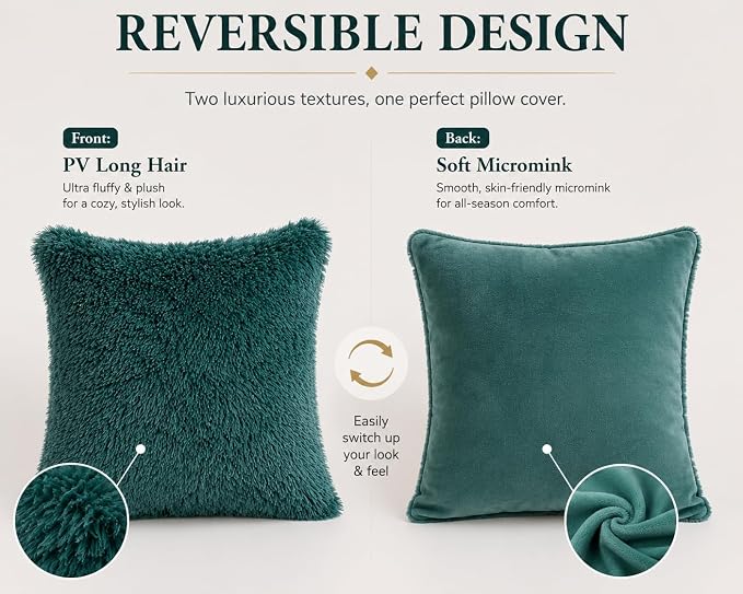 REAFORT Long Hair Faux Fur Euro Sham Cover 26"x26" Hidden Zipper,Evergreen | Ultra-soft plush faux fur with a hidden zipper adds luxurious comfort and is machine washable for easy care.