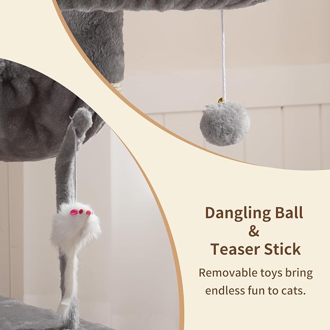 Heybly Cat Tree with Toy, 43.3 inch Cat Tower for Indoor Cats HCT004SW | Cat Condo with Durable Sisal Scratching Posts, Cat House with Padded Plush Perch, Cozy Hammock, Light Gray