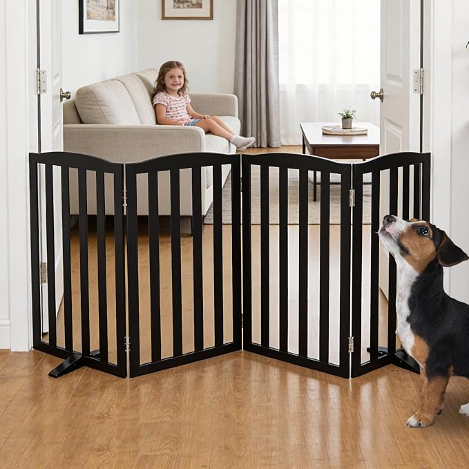 ZJSF Foldable Freestanding Indoor Dog Gate for House Wood Long Pet Gates Dog Fence for Stairs Puppy Gates for Hallways, Puppy Gate,Support Feet Included, Black, 32 "Height-4 Panels