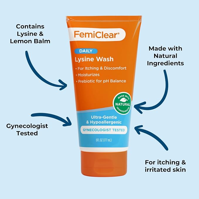 FemiClear Daily Lysine Feminine Wash, Ultra-Gentle Cleansing, 6 fl oz | Gynecologist Tested Intimate Wash For Itching, Irritated Skin & Odor, pH-Balanced, Natural & Organic Ingredients